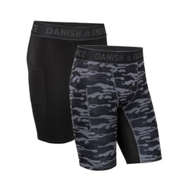 DANISH ENDURANCE Pack of 2 Men's Compression Shorts, Short Sports Leggings with Pockets, Base Layer Sports Shorts, Breathable & with Stretch, for Men, Multicoloured (1 x black, 1 x grey camo) pack of