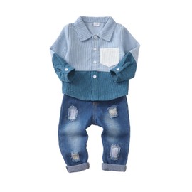 NZRVAWS Baby Boy Clothes Toddler Clothing Blue Block Pocket Shirt Denim Ripped Jean Long Pants Infant Boys Fall Winter Outfits Set 6 12 Months