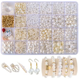 Pearl Set White Faux Pearls with Hole for Jewellery White Beads for Threading Shaped Faux Pearls White Set with Storage Box for Jewellery Making with Hole Pearl Necklace for Jewellery Making