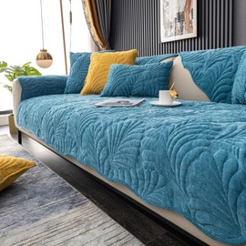 XSlive Palm Leaves Sofa Couch Cover Chenille Plush Quilted Sectional Couch Cover 1-Piece Non Slip Soft Sofa Slipcover Furniture Protector for Pets Kids Children Dog Cat (Blue,43"x70")