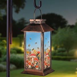 Outdoor Hanging Solar Lantern Waterproof Outside Bees Mushrooms Pattern Landscape Lights for Porch Garden Yard Patio Pathway Decor Birthday Gifts for Women Mom Grandma