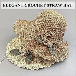 Generic Elegant Crochet Straw Hat with Ruffle Detail, Womens Straw Hats for Summer Beach Wide Brim Sun Protection Hat (US, Alpha, One Size, Khaki)