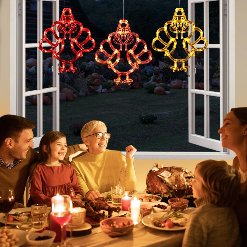 [Timer] 3 PCS Thanksgiving Turkey Fall Decorations Window Lights, Battery