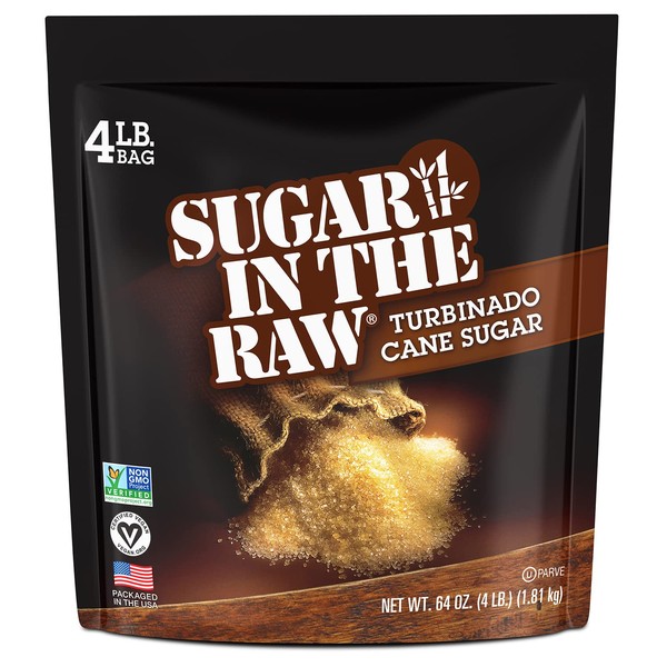 Sugar In The Raw Granulated Turbinado Cane Sugar, No erythritol, Pure Natural Sweetener, Hot & Cold Drinks, Coffee, Cooking, Baking, Vegan, Gluten-Free, Non-GMO, Bulk Sugar, 4lb Bag (1-Pack)