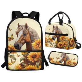 JOAIFO Sunflower Horse Backpack for Kids 8-12 School Shoulder Bags with Lunch Box and Pencil Case Set of 3 Elementary Bookbag Middle School Student Bags