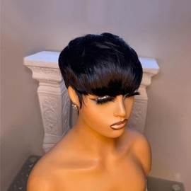 Tgezer Short Pixie Cut Wig Human Hair for Black Women Glueless None Lace Front Wig with Bangs Natural Black Straight Full Machine Made Wig for Daily Use