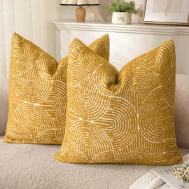 AELS Boho Decorative Textured Throw Pillow Covers 20x20, Organic Modern Mid Century Rainbow Tufted Pillow Case, Farmhouse Rustic Geometric Woven Cushion Case for Bed Couch Sofa, Mustard Yellow