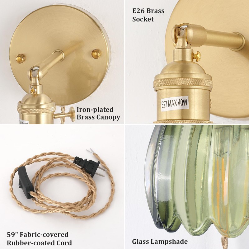 Shenmoyl Plug in Wall Sconce, Green Tulip Glass Lampshade Wall