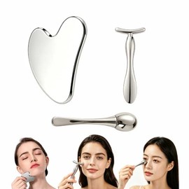 Guibell Set Guasha Acero Inoxidable 3 Piezas para Cara y Cuerpo | Incluye placa corazón,varita T y rodillo,ideal para relajar músculos y realizar tratamientos de guasha en rostro y cuerpo