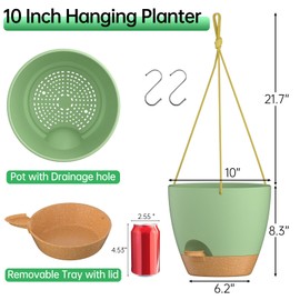 ZMTECH 10 Inch Hanging Planters for Indoor Outdoor Plants, 2 Pack Self Watering Hanging Plant Pots with Drainage Holes and Removable Saucer, Plastic Flower Hanging Pots with Watering Lip (Green)
