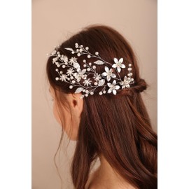 BERYUAN Silver Leaf Flower Hair Vine Pearls Rhinestone Hair Piece Silver Wedding Hair Accessories Bridal Headband for Wedding Bridal Leaf Flower Hair Vine for Wedding Women and Girls (silver)