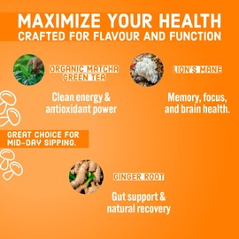 Organic Mushroom Matcha Green Tea Mix - Focus & Think with Ultra Concentrated Lion's Mane Mushroom Extract 10:1, Hint of Ginger Root Powder (Focus & Think Matcha, 37 Servings)
