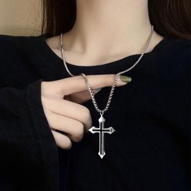 Wendalern Gothic Cross Necklace Two-Tone Cross Pendant Necklace Long Silver Box Link Chain Necklace Delicate Faith Cross Sweater Chain Necklace Jewellery for Women and Men, Zinc, No Gemstone