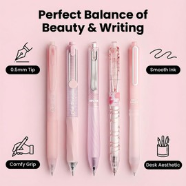 Hyleon 5 Pcs Black Pens, 0.5mm Gel Pens with Aesthetic Translucent Pink Barrel, Smooth Writing Retractable Ink Pen for School, Office and Home Stationery