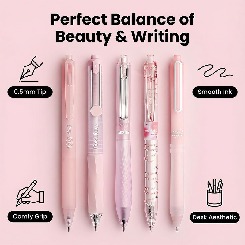 Hyleon 5 Pcs Black Pens, 0.5mm Gel Pens with Aesthetic