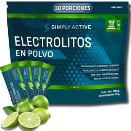 SIMPLY ACTIVE Electrolitos en Polvo | Sabor Limón - Pack de 30 | Ingredientes & Extractos Naturales bajo en Azúcar | Fibras de Prebioticos y Zinc | Suero Electrolitos con Calcio, Citrato de Magnesio y Potasio