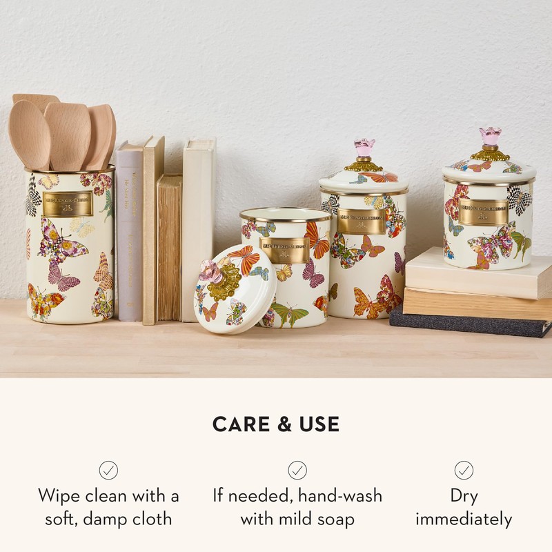 MACKENZIE-CHILDS Butterfly Garden Enamel Canister, Pretty Kitchen Storage Container with