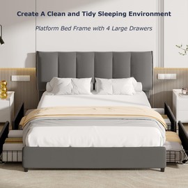 VECELO Full Size Bed Frame with 4 Storage Drawers, Adjustable Height Headboard, Heavy-Duty Platform Bedframe with Strong Wooden Slats, No Box Spring Needed, Dark Grey