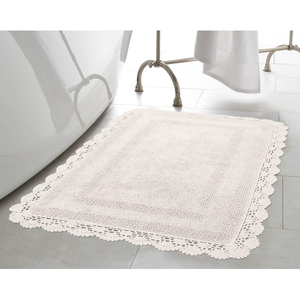 Laura Ashley Crochet Cotton 17x24/21x34 in. 2-Piece Bath Rug Set, Creamy White