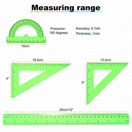 HARFINGTON 4pcs Triangular Ruler Set 30cm Plastic Metric Inch Geometric Protractor Triangle Engineering Scale Drafting Ruler Kit for Office Home, Green