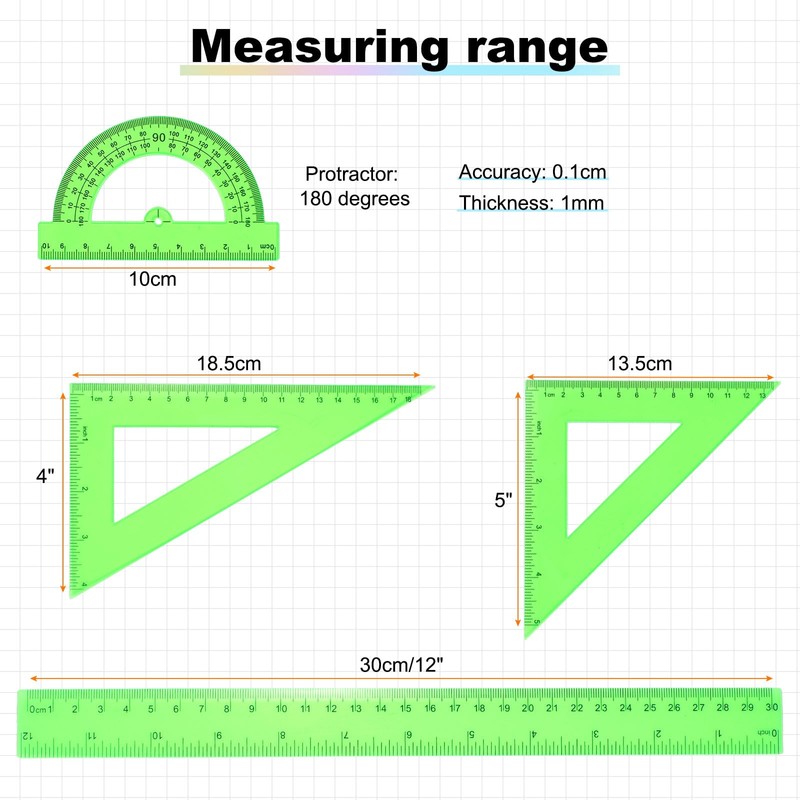 HARFINGTON 4pcs Triangular Ruler Set 30cm Plastic Metric Inch Geometric