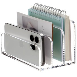 SANRUI Acrylic Mail File Organizer Sorters for Desk, 3 Upright Compartments Laddered Clear Desktop Vertical Letter Holder, Multifunction Envelope Folder Racks Holders for Office,Home, School