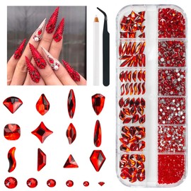 qiipii 2052Pcs Red Nail Rhinestones 72 Multi Shapes Siam Red Rhinestones for Nails Flatback Nail Gems K9 Glass Round Ruby Red Beads Stones Diamonds Nail Charms Art for Nails Faces Eyes Makeup Crafts