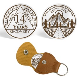 CHURYUML 14 Year Sobriety Coin Triplate Sobriety Chip Achievement Medallions Sober Affirmation Token Sobriety Gifts Alcoholics Anonymous Addiction Recovery Gift with PU Leather Keychain