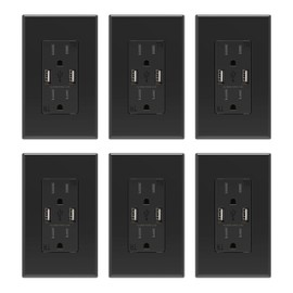 ELEGRP USB Wall Outlet Receptacle with Dual 4.0 A USB Ports, 15 Amp Duplex Tamper Resistant Receptacle, Charging Power Outlet with USB Ports, Wall Plate Included, UL Listed (6 Pack, Glossy Black)