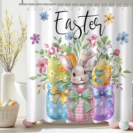 Mocsicka Easter Shower Curtain with 12 Hooks Spring Floral Shower Curtain for Bathroom Cute Rabbit Green and Yellow Eggs for Easter Bathroom Decor Waterproof Fabric 72 X 72 Inch (White, 72''x 72'')