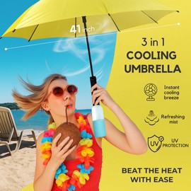 Mutball Umbrella Fan, Misting Umbrella with Fan and Mist Spray, Water Mist, Air Mister, UV Blocking Sun Protection, Cooling Portable Shade, Handheld Summer Sunshade, Beach, Golf (Yellow)