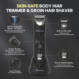 TEENOVA Manscape Body Hair Trimmer for Men, No Nick Pubic Bikini Trimmer for Women, 3 in 1 Versatile Groin Shaver with Nose Hair Trimmer, Cordless Dock Charging, LED Display, Wet/Dry Grommer (Black)