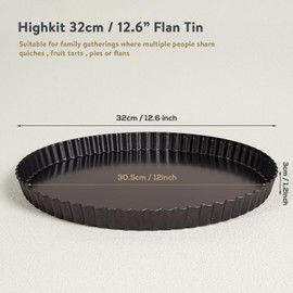 Highkit Loose Bottom Fluted Flan Tin 32cm / 12.6inch, Quiche Tins with Loose Base, Round Tart Tin, Non-Stick, Tart Pan for Baking, Quiche Tart Pan, Pie Pan, Quiche Dish,Carbon Steel,Dark Grey