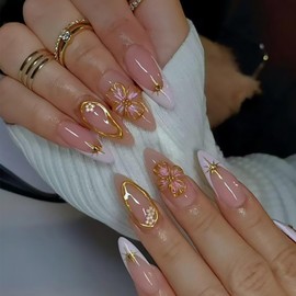 Almond False Nails Medium - 24Pcs French White Tip Press on Nails Nude Pink Fake Nails with 3D Gold Flower Stripe Design - Full Cover Acrylic Oval Stick on Nail with Glue for Women Girls