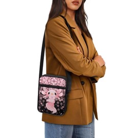 Dngkaoje Cute Axolotl Crossbody Purse for Women Girls Cute Small Messenger Bag Kawai Axolotl Print Crossbody Handbag Womens Sling Shoulder Tote Bags Pink Cherry Blossom Wallet Zipper Pouch