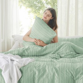 Bedsure Striped Boho Duvet Cover Queen Size - Shabby Chic Tufted Boho Bedding, 3 Pieces Shabby Chic Home Bedding for All Seasons, Includes 1 Queen Duvet Cover & 2 Pillowcases (Sage Green, 90"x90")