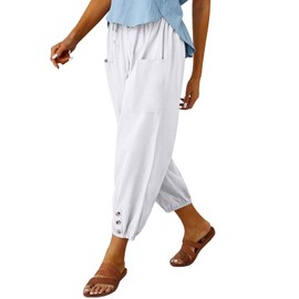 Women's High Waist Pants Drawstring Capri Pants with Pockets Wide Leg Cropped Pants for Women White Medium