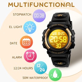 Dayllon Boys Watch Digital Outdoor Sport Waterproof Kids Watches 12/24H Alarm 7 Colorful Stopwatch Military Child Wristwatch for 3-8 Year Old 1266 Small Gold