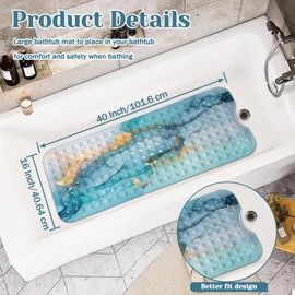 Marble Bath Tub Mat Non Slip, Green Blue Marble Non Slip Bath Mat for Shower, Large Washable Shower Mats for Showers with Drain Holes and Suction Cups,40 X 16 Inch