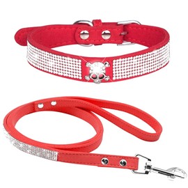 haoyueer Rhinestone Dog Collar, Cute Dazzling Sparkling Soft Suede Leather Dog Cat Rhinestone Collar Leash Crystal Diamond Pet Dog Puppy Collar (M, Red-5)