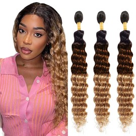 T1B/4/27 Bundles Human Hair Ombre Bundles Three Tone Hair 3 Bundles 100G/Bundle Deep Wave Brazilian Remy Hair Extensions Dark Roots Hair Bundles 24 26 28 Inch