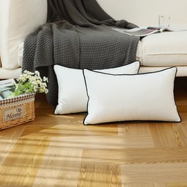 LIGICKY Set of 2 White Velvet Lumbar Pillow Covers Modern Minimalist Style Solid Decorative Black Rope Edging Soft Rectangle Cushion Cases for Sofa Bedroom Party Décor, 12 x 20 inch