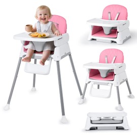 3-in-1 Baby High Chair, Adjustable Convertible Infant Baby Feeding Chair Booster for Eating with Detachable Tray, 5-Point Harness, Pink