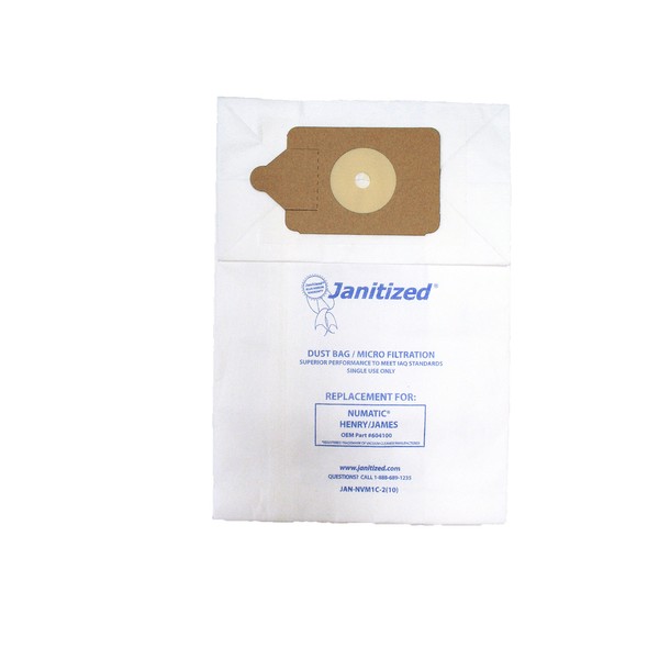 Janitized JAN-NVM1C-2(10) Premium Replacement Commercial Vac Bag, Nacecare/Numatic Henry/James Model 200, 225, 235, 250, 252 and 260, RSV130/200, OEM#604100 (Pack of 10)