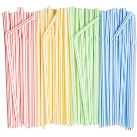 [200 Pack] Flexible Disposable Plastic Drinking Straws - 7.75"High - Assorted Colors Striped