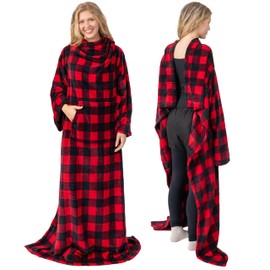 PAVILIA Buffalo Red Black Fleece Wearable Blanket with Sleeves for Adults Women Men, Soft Warm Wrap Throw, Sweatshirt Pocket, Cozy Pullover Robe Blanket with Arm, Gifts for Christmas Mom Wife