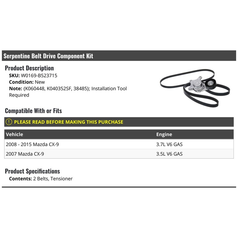 Serpentine Belt Drive Component Kit - Compatible with 2007-2015 Mazda