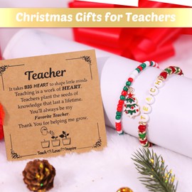 Teacher Christmas Gifts Teacher Gifts for Women, Elastic Beaded Stackable Teacher Christmas Bracelet for Women, Christmas Gifts for Teachers Xmas Stretch Bracelet Christmas Jewelry for Women