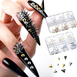 Tucnoeu 2 Boxes Rivets Nail Charms – Nail Charms Gold Silver Black Punk Nail Jewellery Glitter Stones Accessories