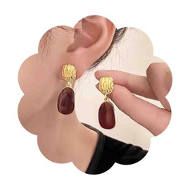 Yheakne Vintage Oval Enamel Earrings In Burgundy Gold Hammered Disc Stud Earrings Enamel Red Drop Earrings Irregular Burgundy Earrings Red Acrylic Geometric Earrings Jewellery Women, Zinc
